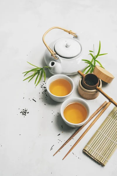 Asian Food Concept Tea Set Chopsticks Bamboo Mat White Background — Stock Photo, Image
