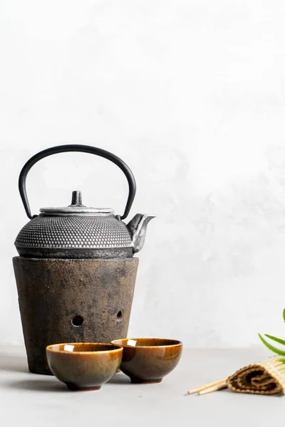 Simple Still Life Tea Set Scattered Tea Bamboo Mat Sticks — Stock Photo, Image