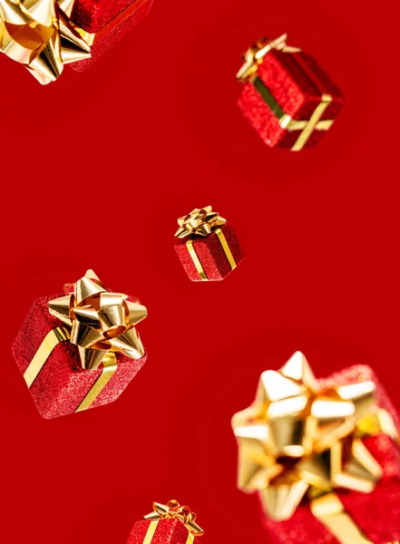 Gifts Flying Air Red Background Sale Levitation Concept Christmas Layout — Stockfoto