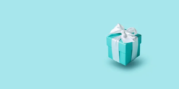 Flying Air Gift Box Tied Silk Ribbon Tiffany Blue Color — Stock Photo, Image