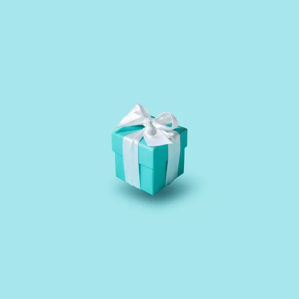 Flying Air Gift Box Tied Silk Ribbon Tiffany Blue Color — Stock Photo, Image