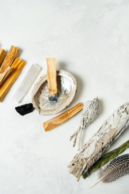 Smudge kit for spiritual practices with natural elements: Palo Santo sticks, dried white sage, Guinea Fowl feather, crystals, sea pearl shell Abalone on a light background. Balancing the soul. clipart