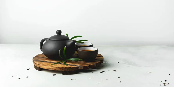 Asian Food Background Tea Set Cups Teapot Free Space Text — Stock Photo, Image