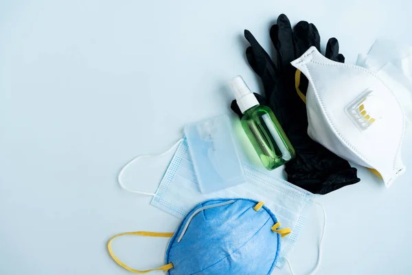 Antivirus Set Items Various Filtering Safety Face Masks Sanitizer Hands — Stock Photo, Image