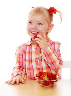 little girl eats strawberries