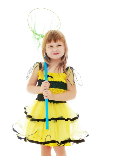 Girl with a butterfly net for catching butterflies — Stock Photo, Image