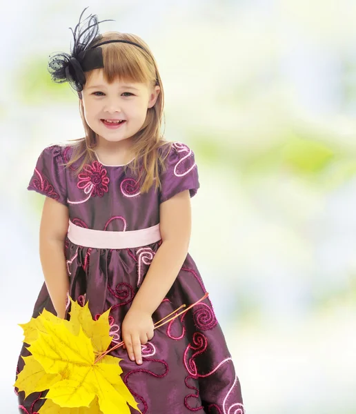 Girl with a bouquet of maple leaves — Stock Photo, Image