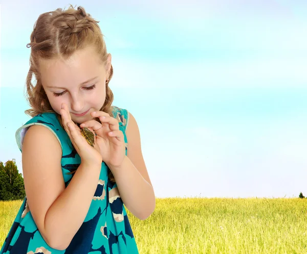 Little girl holding in hands a small turtle. — Stock Photo, Image