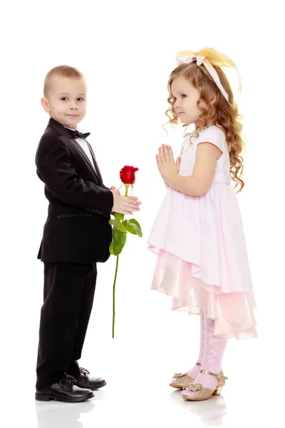 De jongen geeft het meisje een bloem. — Stockfoto