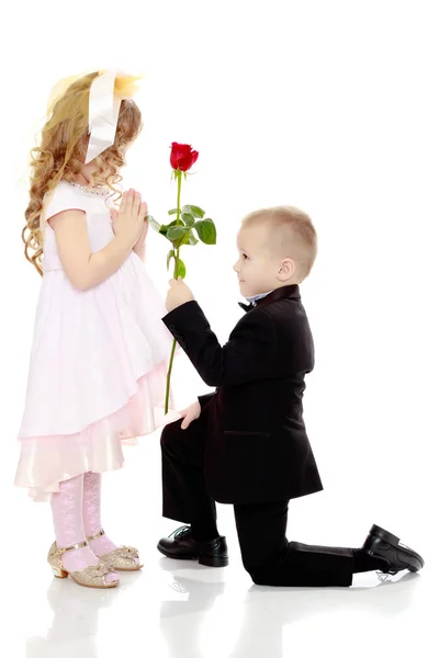 Le garçon donne une fleur à la fille . — Photo