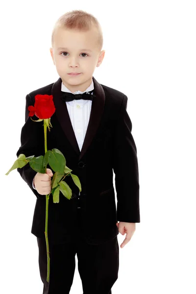 Niño pequeño con una flor de rosa . — Foto de Stock