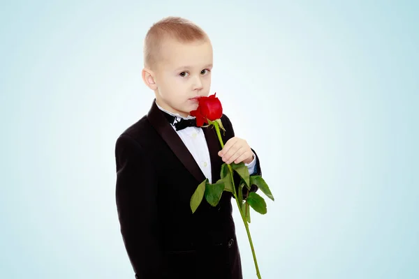 गुलाब फूल के साथ छोटा लड़का . — स्टॉक फ़ोटो, इमेज
