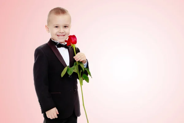 Liten pojke med en ros blomma. — Stockfoto
