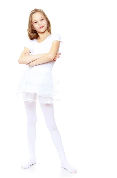 Piccola ginnasta in abito bianco . — Foto Stock