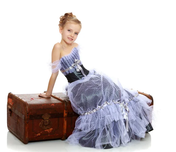 Holčička sedící na kufříku. — Stock fotografie
