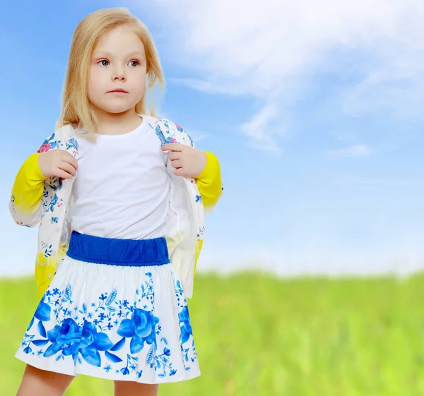 Kleines Mädchen im Sommerkleid mit russischem Ornament. — Stockfoto