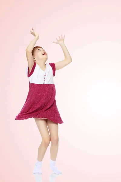 Little girl  jump with her hands up. — Stock Photo, Image