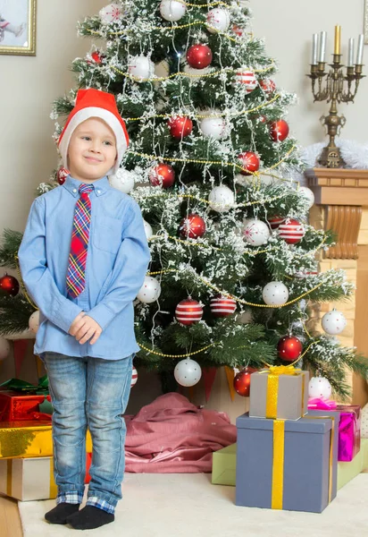 Malý chlapec s vánoční stromeček — Stock fotografie