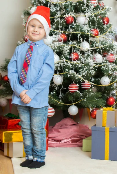 Malý chlapec s vánoční stromeček — Stock fotografie