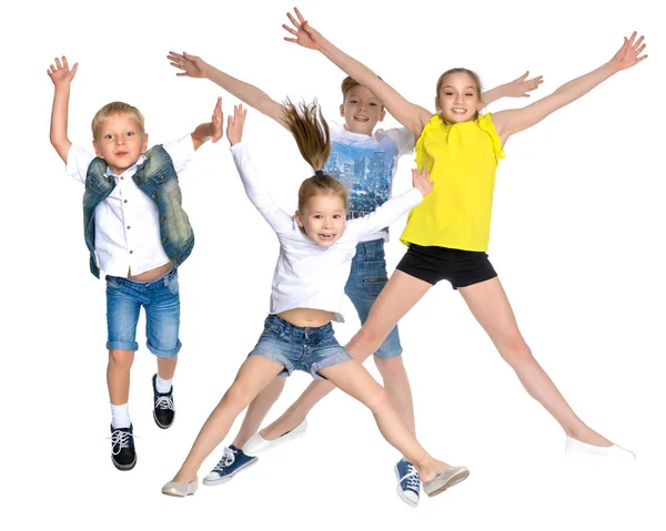 Collage, niños felices saltan — Foto de Stock