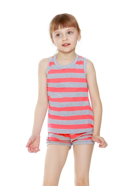 Girl In striped in a T-shirt and shorts. — Stock Photo, Image