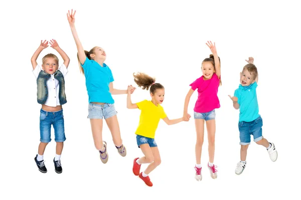 Koláž, šťastné děti skok — Stock fotografie