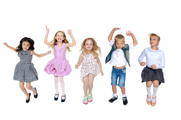 Колаж, щасливі діти стрибають — стокове фото