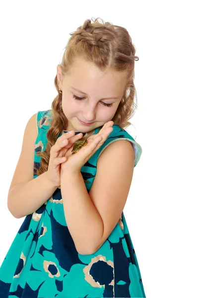 Little girl holding in hands a small turtle. — Stock Photo, Image
