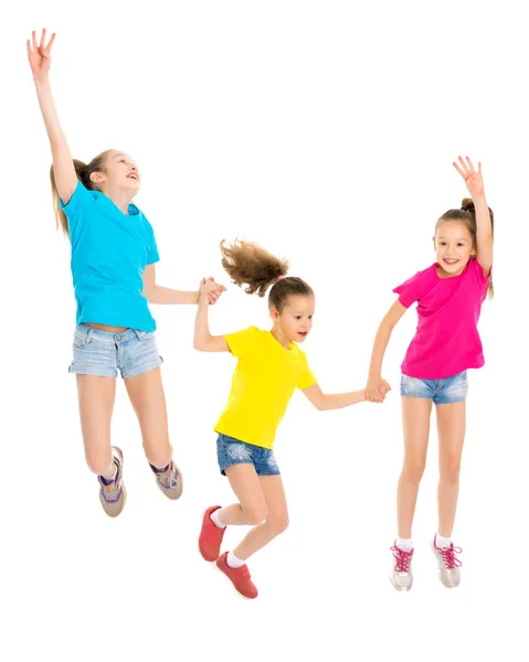 Collage, enfants heureux sauter — Photo