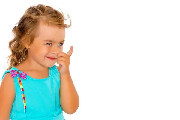 Little girl is showing a finger — Stock Photo, Image