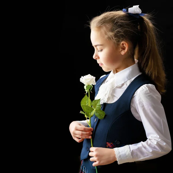 Liten flicka med en blomma i handen. — Stockfoto