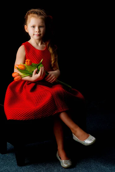 Malá holčička s kyticí tulipánů na černém pozadí. — Stock fotografie
