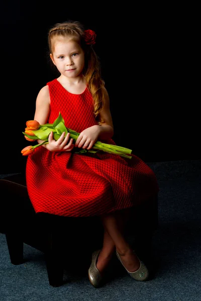Menina com um buquê de tulipas em um fundo preto . — Fotografia de Stock