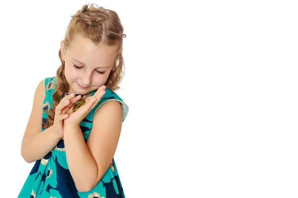 小女孩手里拿着一只小海龟. — 图库照片