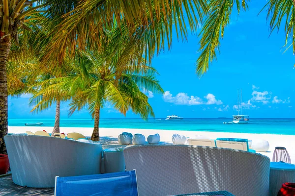 Güzel bir tropi kıyısında beyaz kum üzerinde plaj koltukları — Stok fotoğraf
