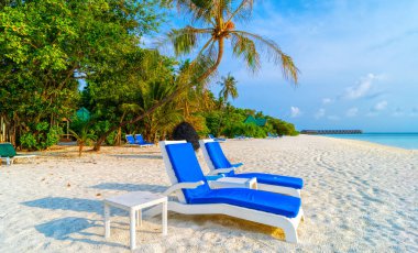 Maldivler 'de güzel bir tropik plajda şezlonglar.