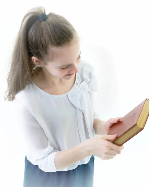 Aranyos kislány egy könyv a kezében, a koncepció a Litera — Stock Fotó