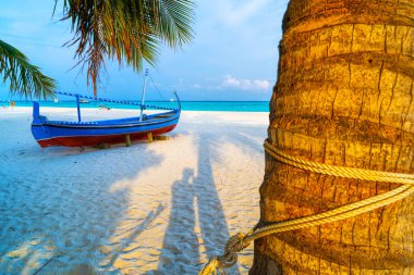 Eski teknesi olan güzel bir tropik sahil manzarası.