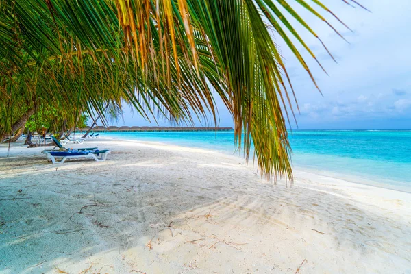 Sedie a sdraio su una bellissima spiaggia tropicale alle Maldive — Foto Stock