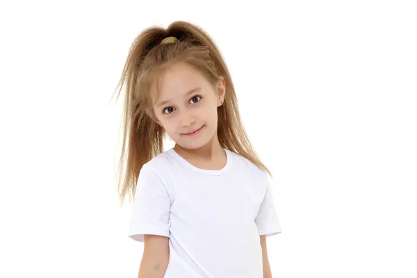 Little girl in a pure white t-shirt for advertising and shorts. — Stock Photo, Image