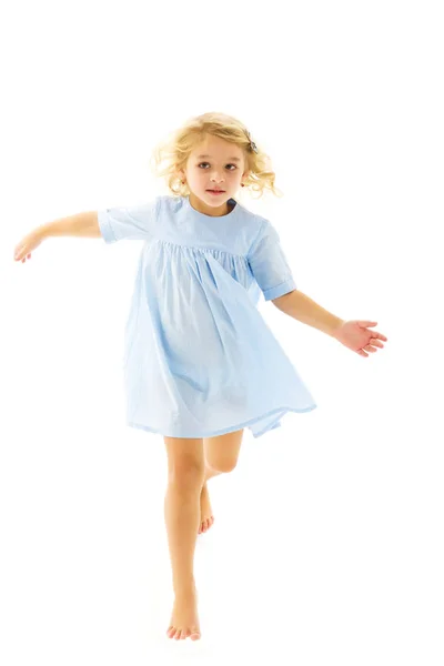 Cute little girl fun running around the room. Childrens games c — Stock Photo, Image