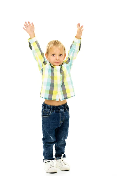 Little boy jumping.The concept of a happy childhood Stock Photo