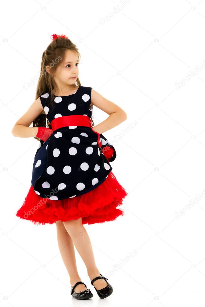 Front View Portrait of Girl in Retro Style Polka Dot Dress