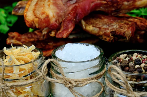 Pork meat with vegetables on table — Stock Photo, Image