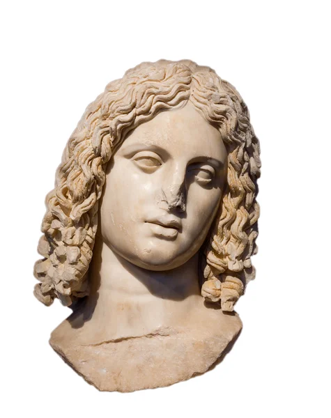 Marmurowa głowa Aleksandra Wielkiego na białym tle — Zdjęcie stockowe