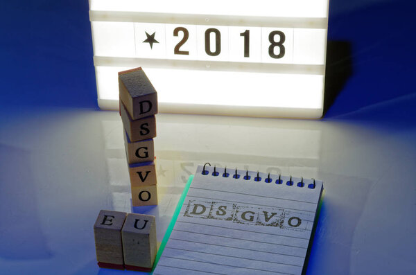 Building Blocks DSGVO (General Data Protection Regulation) in English GDPR (General Data Protection Regulation) in blue introducing the GDPR in the EU on 25.05.2018