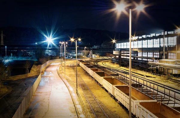 Industriële Spoor Werf Rangeren Station Night Met Veel Licht Wagons — Stockfoto