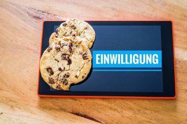Kurabiyeleri tabletle kabul edin ve İngilizce Einwilligung dilinde çerez içeren web siteleri için çerez afişlerini tanıtın.
