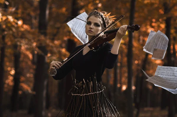 若くてきれいな女性飛行音符バイオリンの演奏 — ストック写真
