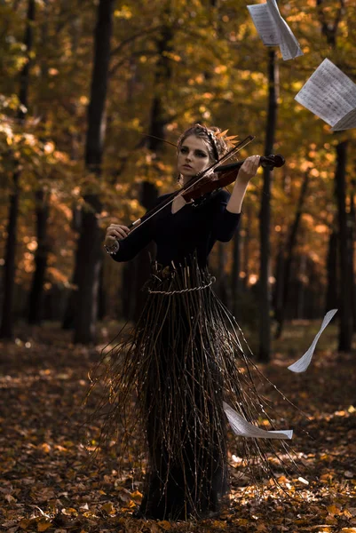 Jovem bela mulher tocando violino no parque de outono — Fotografia de Stock